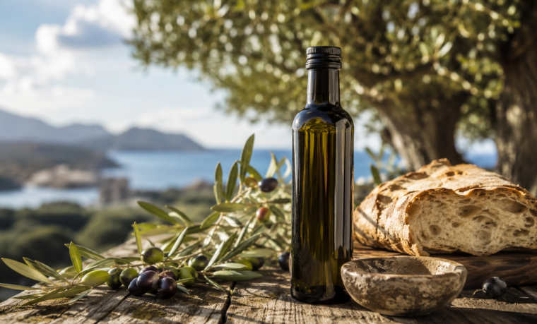 Flasche sardisches Olivenöl neben Olivenzweigen, Steinschale und Brot auf einem Holztisch