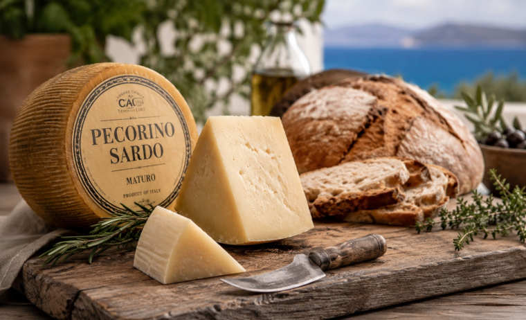Pecorino Sardo auf einem Holzbrett mit Messer, Kräutern und sardischem Brot