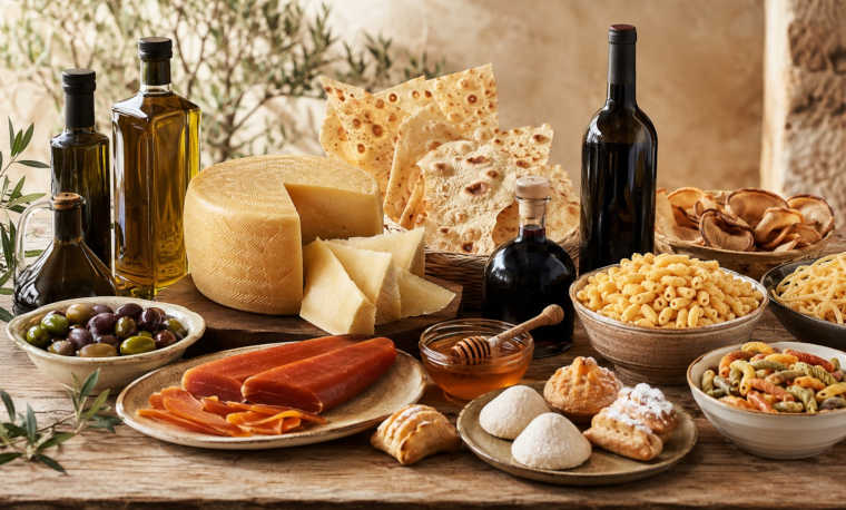 Sortiment sardischer Spezialitäten mit Olivenöl, Pecorino, Bottarga, Pane Carasau, Pasta, Oliven, Honig, Mirto, Wein und Süßwaren