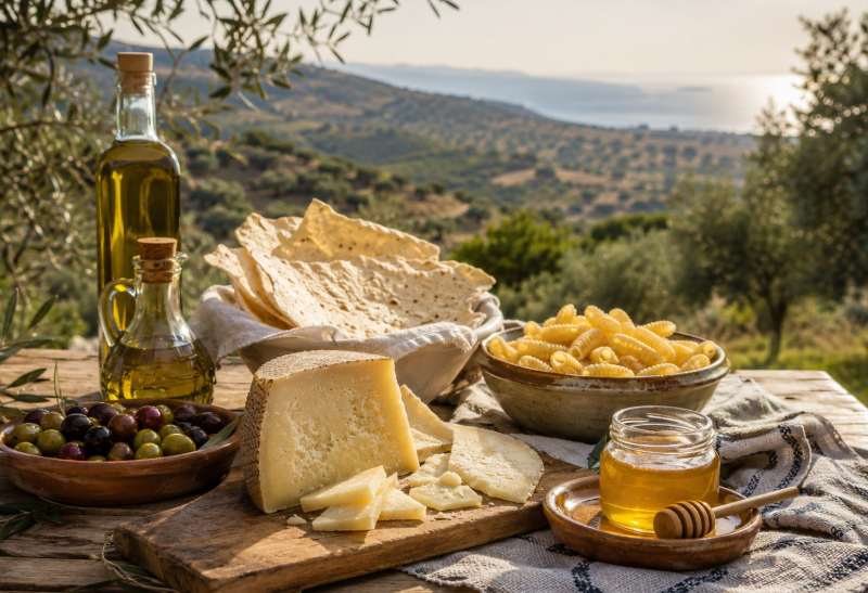 Sardische Delikatessen auf einem gedeckten Tisch mit Olivenöl, Pecorino, Pane Carasau, Pasta, Honig und Oliven vor einer Landschaft Sardiniens